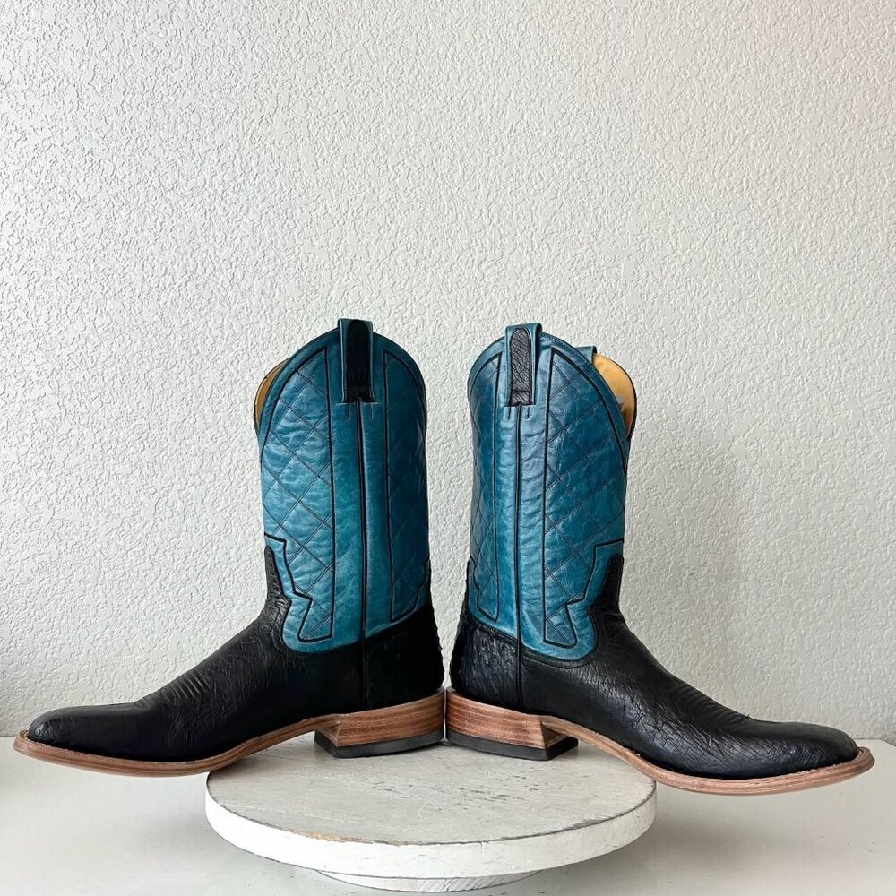 Rod Patrick Mens Cowboy Boots 13 AA Black Ostrich Blue Top Western Square Toe - Picture 7 of 12